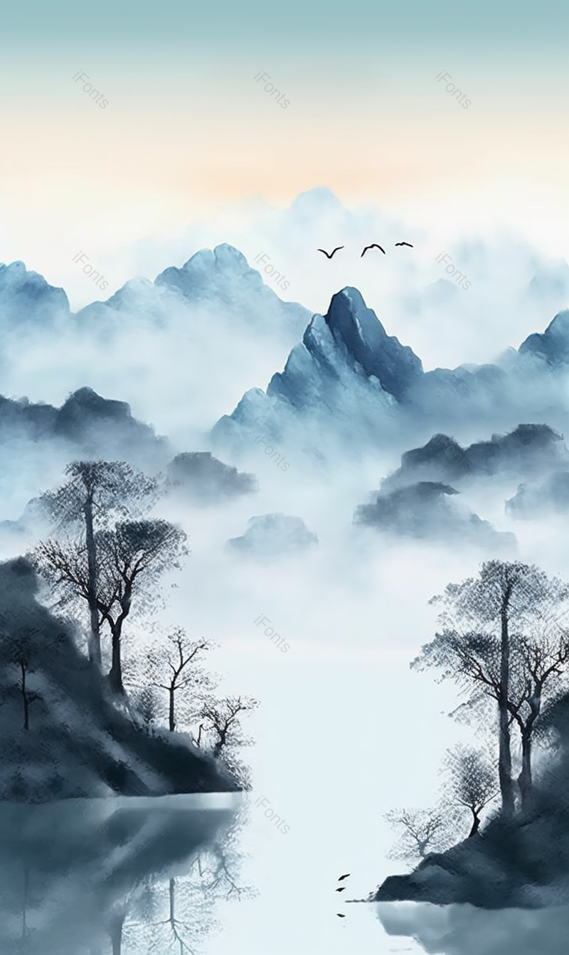蓝色中国风复古风水墨画风景背景,插画/手绘图,插画/手绘图库,插画/手绘图下载,插画/手绘